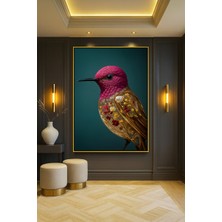 Wallivo Çiçek Desenleriyle Sinekkuşu Bronz Metal Çerçeveli Kanvas Tablo