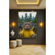 Wallivo Gezgin Kedi - Seyahate Çıkan Kedi Illüstrasyonu Gold Metal Çerçeveli Kanvas Tablo