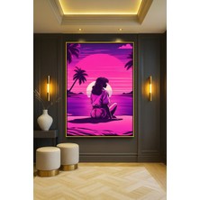 Wallivo Retrowave Vogue - Pop Art Sahil ve Güneş Temalı Gümüş Metal Çerçeveli Kanvas Tablo