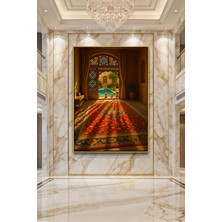 Wallivo Vitray Pencereli Saray Odası ve Kırmızı Oryantal Halı Bronz Metal Çerçeveli Kanvas Tablo