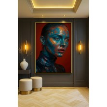 Wallivo Turkuaz ve Altın Renkli Boyalarla Kadın Yüzü Bronz Metal Çerçeveli Kanvas Tablo