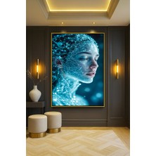 Wallivo Parlayan Mavi Dijital Sinir Ağından Oluşan Fütüristik Kadın Yüzü Siyah Metal Çerçeveli Kanvas Tablo