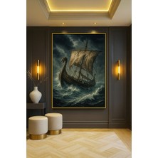 Wallivo Dev Dalgalar ve Fırtınaya Yakalanmış Gemi Gümüş Metal Çerçeveli Kanvas Tablo
