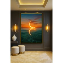 Wallivo Gün Batımında Denize Yansıyan Ay Gümüş Metal Çerçeveli Kanvas Tablo