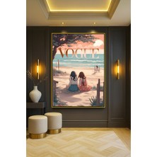 Wallivo Vogue Tarzı Anime Güzeli - Sahil Temalı Japon Sanatı Gold Metal Çerçeveli Kanvas Tablo