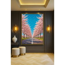 Wallivo Yumuşak Pembe Ağaçlarla Süslenmiş Yol Gold Metal Çerçeveli Kanvas Tablo
