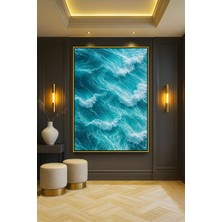 Wallivo Dev Dalgalar - Hokusai Tarzı Modern Okyanus Gold Metal Çerçeveli Kanvas Tablo