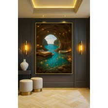 Wallivo Mağara Içinde Otel Odası ve Deniz Manzarası Model 2 Gold Metal Çerçeveli Kanvas Tablo