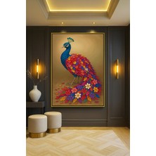 Wallivo Çiçek Motifleriyle Süslenmiş Renkli Tavuskuşu Gold Metal Çerçeveli Kanvas Tablo