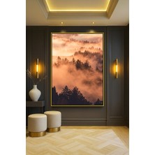 Wallivo Altın Işıkta Sisli Dağ Manzarası ve Katmanlı Ağaçlar Bronz Metal Çerçeveli Kanvas Tablo