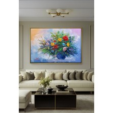 Wallivo Vazoda Rengarenk Çiçek Buketi - Canlı Renkler Salon Gold Metal Çerçeveli Kanvas Tablo
