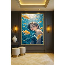Wallivo Denizde Japon Balığıyla Yüzen Kız Gold Metal Çerçeveli Kanvas Tablo