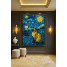 Wallivo Van Gogh Yıldızlı Gece Temalı Kedi Gümüş Metal Çerçeveli Kanvas Tablo