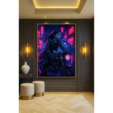 Wallivo Cyberpunk Motosikletli Kız Bronz Metal Çerçeveli Kanvas Tablo