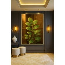 Wallivo Çiçek Motifi Yeşil Parlak Yapraklar Temalı Gümüş Metal Çerçeveli Kanvas Tablo