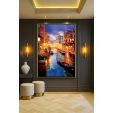 Wallivo Gece Nehir Manzarası - Ay Işığı ve Yansıma Temalı Gold Metal Çerçeveli Kanvas Tablo