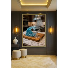 Wallivo Mutfak Tezgahındaki Tahtada Su Dalgasını Kesen Bıçak Siyah Metal Çerçeveli Kanvas Tablo