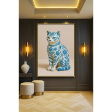 Wallivo Soluk Mavi Tonlarda Çiçek Motifli Porselen Kaplı Kedi Gold Metal Çerçeveli Kanvas Tablo