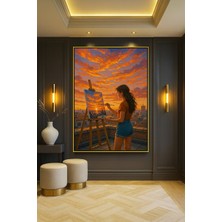 Wallivo Evinin Çatısında Doğayı Resimleyen Kadın Ressam Siyah Metal Çerçeveli Kanvas Tablo