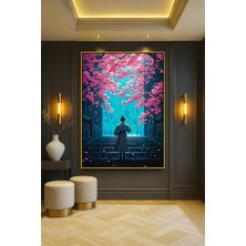 Wallivo Pembe Yapraklar Düşerken Merdiven Tırmanan Kung Fu Ustası Gümüş Metal Çerçeveli Kanvas Tablo