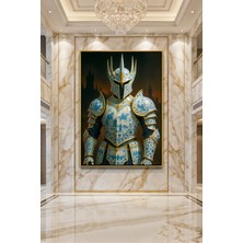 Wallivo Mavi Beyaz Çini Desenli Altın Detaylı Porselen Şövalye Zırhı Siyah Metal Çerçeveli Kanvas Tablo