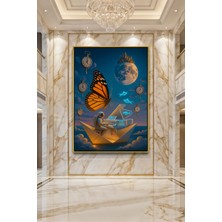 Wallivo Piyanist Astronot ve Kral Kelebeği Kağıt Gemide Kozmik Macera Siyah Metal Çerçeveli Kanvas Tablo