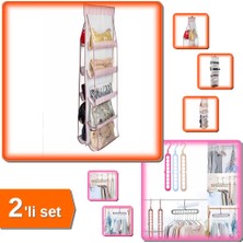 Hereveoyuncak Pembe Çizgili 10 Bölmeli Çanta Organizeri + Sihirbaz Askı Düzenleyici - 2li Dolap Içi Set Q3K5P0