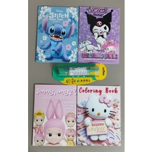 Ada Çanta Kırtasiye 4 Adet Stickerli Boyama Kitabı ve 12 Li Adel Tüp Kuru Boya Kalemi (Kuromi/stitch/hellok/sonny Angel)
