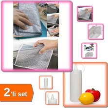 Hereveoyuncak 3 Adet Çok Fonksiyonlu Çizmeyen Tel Bulaşık Ovma Bezi + Şeffaf Sos Şişesi 400 ml - 2li Set K9E1T6