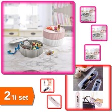 Hereveoyuncak 3 Gözlü Saklama Kabı Dikiş ve Takı Kutusu + Şeffaf Kapaklı Çanta Içi Makyaj Saklama - 2li Set H1Q4R5