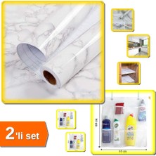 Hereveoyuncak Mermer Desenli Yapışkanlı Folyo 60X500 cm + 8 Cepli Askılı Mutfak Banyo Düzenleyici - 2li Set S2C6H8