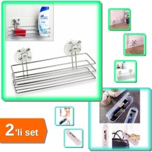 Hereveoyuncak Vantuzlu Dörtgen Banyo Organizeri + Şeffaf Kapaklı Diş Fırçası Makyaj Fırçası Kutusu - 2li Set N7P8X