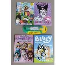 Ada Çanta Kırtasiye 4 Adet Stickerli Boyama Kitabı ve 12 Li Adel Tüp Kuru Boya Kalemi (Kuromi/bluey/toca Boca/cry Baby)