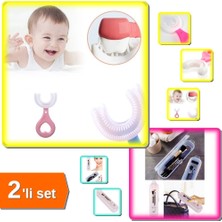 Hereveoyuncak U Şeklinde Silikon Çocuk Diş Fırçası 2-12 Yaş Pembe + Şeffaf Çanta Içi Saklama Kabı - 2li Set H3W3L8