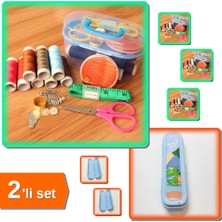 Hereveoyuncak Dikiş Seti Kutusunda Iğne Iplik Makas + Mavi Kapaklı Çanta Içi Saklama Kutusu - 2li Set M8W8E4