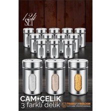 Depozee Bx Cam+Çelik Tuzluk Biberlik Karabiberlik 3 Farklı Delikli 12 Li Set