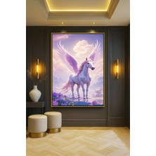 Wallivo Çiçekler Arasında Muhteşem Unicorn Evcil Hayvan Temalı Gold Metal Çerçeveli Kanvas Tablo