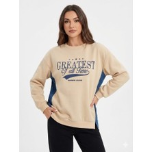 Ribana Classic Kadın Üç Iplik Şardonlu Arkası Kot ve Düğme Detaylı Baskılı Bisiklet Yaka Sweatshirt