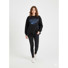 Ribana Classic Kadın Üç Iplik Şardonlu Arkası Kot ve Düğme Detaylı Baskılı Bisiklet Yaka Sweatshirt