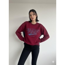 Ribana Classic Kadın Üç Iplik Şardonlu Arkası Kot ve Düğme Detaylı Baskılı Bisiklet Yaka Sweatshirt