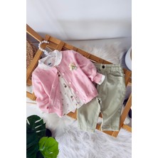 Miniğimin Cicileri Çiçek Detaylı Triko Hırkalı Kız Bebek 3 Lü Takım - Pembe