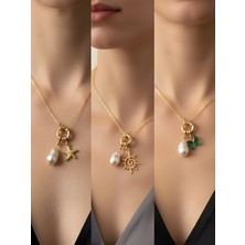 NKT Collection Zümrüt Yeşili Kelebek Güneş Turkuaz Yonca Incili Kolye