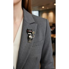 Efeaks Siyah Kedi Figürlü Kristal Taşlı Broş