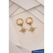 Trend Collection Taşlı Yıldız Figürlü Altın Renk Paslanmaz Çelik Halka Küpe