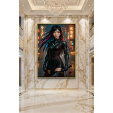 Wallivo Neon Işıklı Fütüristik Şehirde Katanalı Cyberpunk Savaşçı Kadın Gold Metal Çerçeveli Kanvas Tablo
