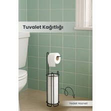 Orvila Ayaklı Yedekli Metal Yuvarlak Tuvalet Kağıtlığı - Siyah Tel Tasarım - Banyo Düzenleyici