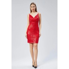 Asees Kruvaze Yaka Ip Askılı Kısa Payet Elbise