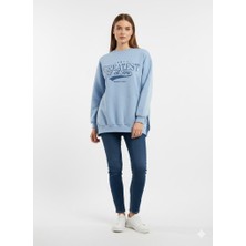 Ribana Classic Kadın Üç Iplik Şardonlu Arkası Kot ve Düğme Detaylı Baskılı Bisiklet Yaka Sweatshirt