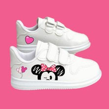 Lias Design Yarım Pembe Kurdela Tokalı Baskılı Beyaz Bantlı Çocuk Spor Ayakkabı Sneaker