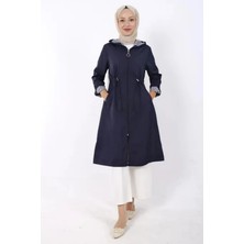 Tesettür Diyarı Fermuarlı Beli Lastik Detaylı Kapüşonlu Trençkot-Lacivert